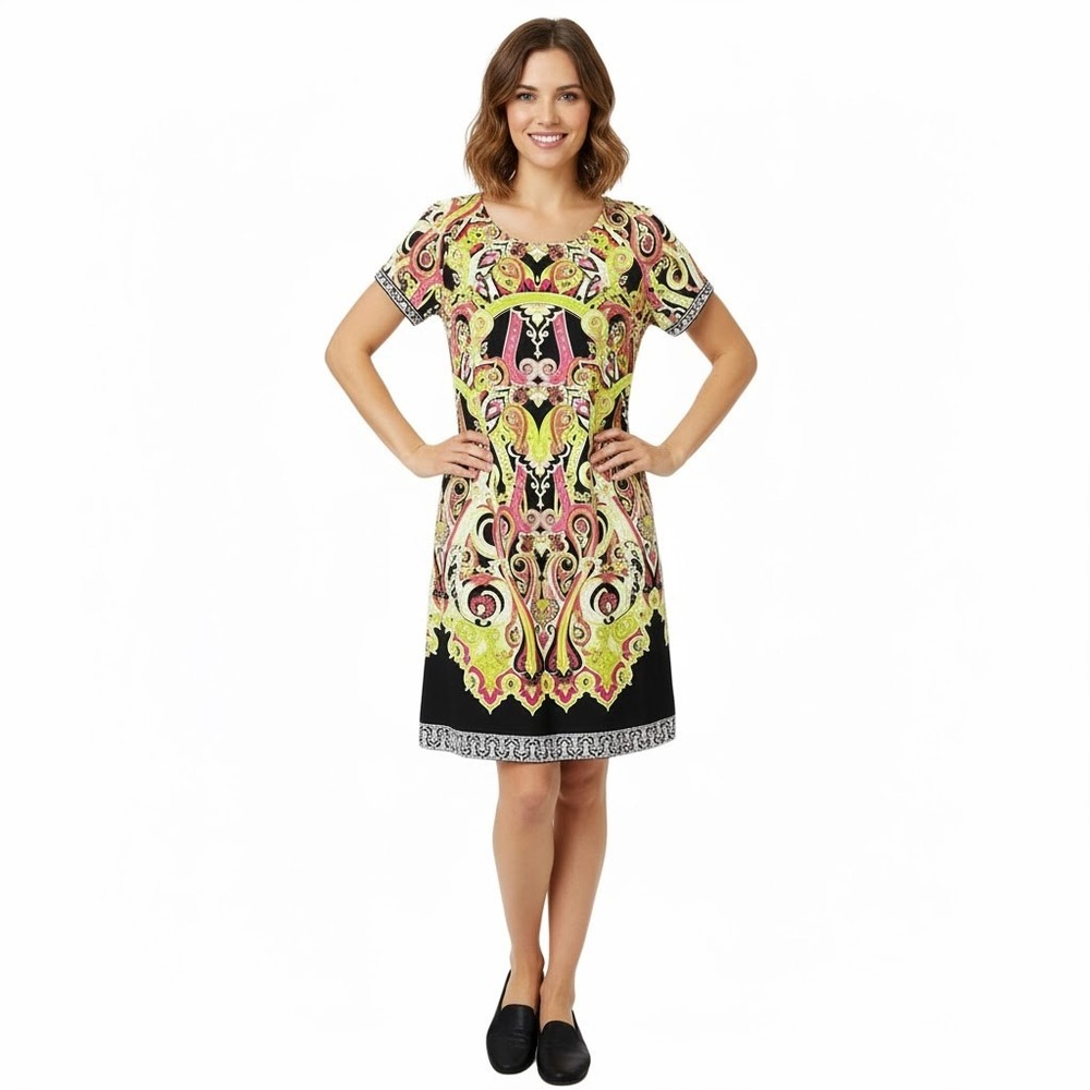 Madison Mini Dress Multicolor Paisley Print Ruched Sleeve‎ Boho Vibrant BOHO
